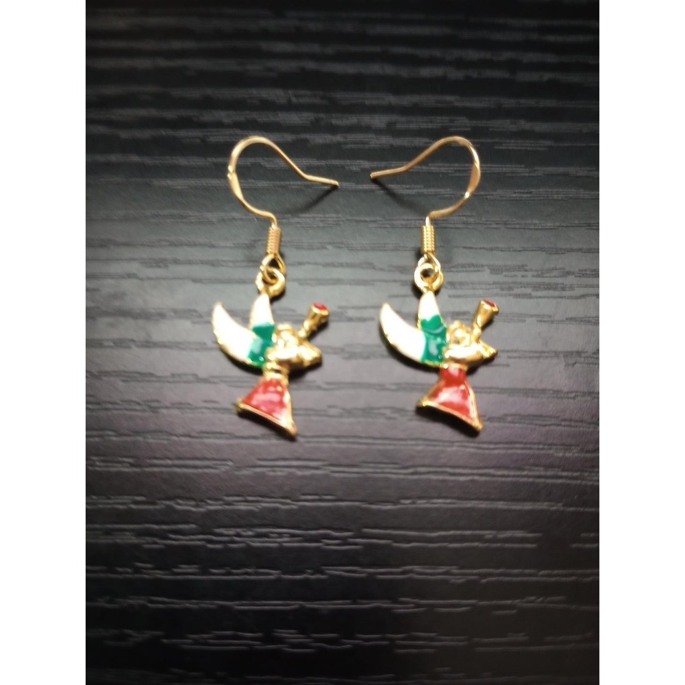 Vintage Trumpeting Angel Earrings Gold Tone Enamel Christmas Holiday Dangle